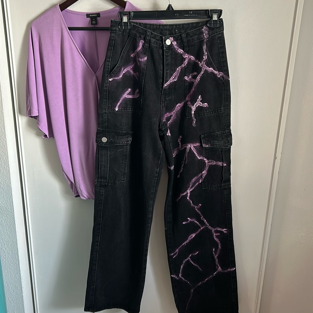 SHEIN Upcycled Hand Painted Lightening Bolts Black Denim Cargo Jean